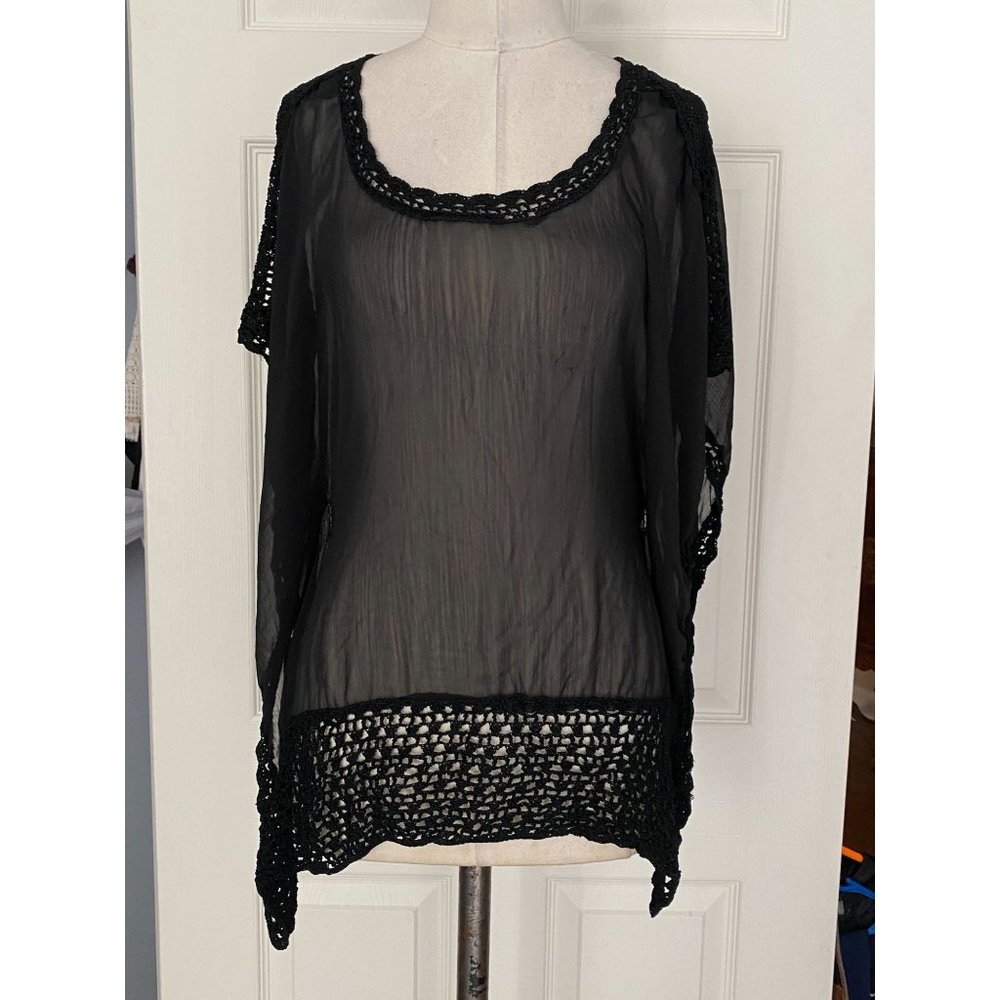 BEBE sheer black top crochet trim great coverup XS